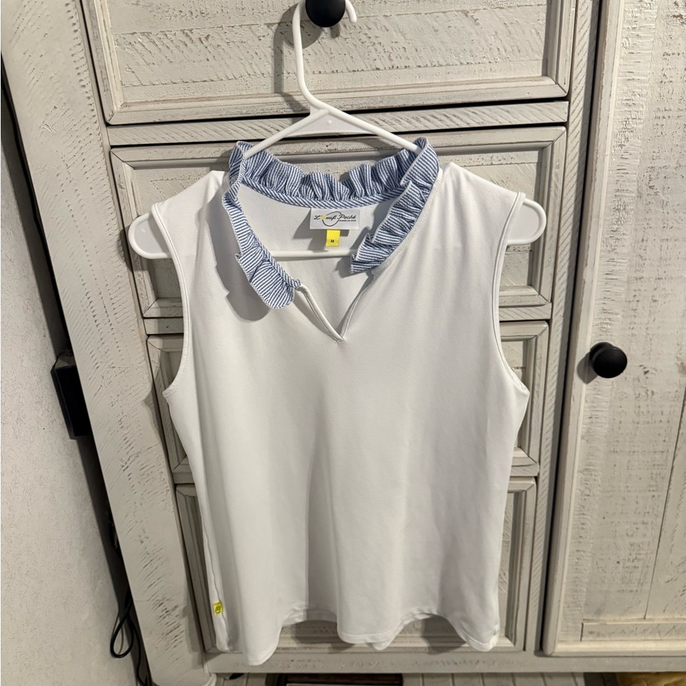 White Sleeveless Top with Blue Striped Collar